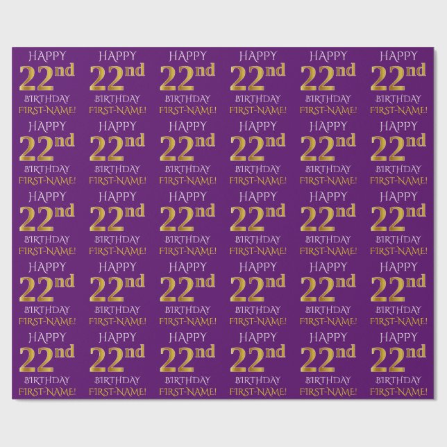 Purple, Faux Gold "HAPPY 22nd BIRTHDAY" Wrapping Paper (Flat)