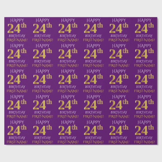 Purple, Faux Gold "HAPPY 24th BIRTHDAY" Wrapping Paper (Flat)