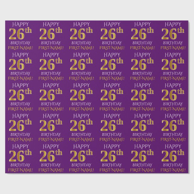 Purple, Faux Gold "HAPPY 26th BIRTHDAY" Wrapping Paper (Flat)