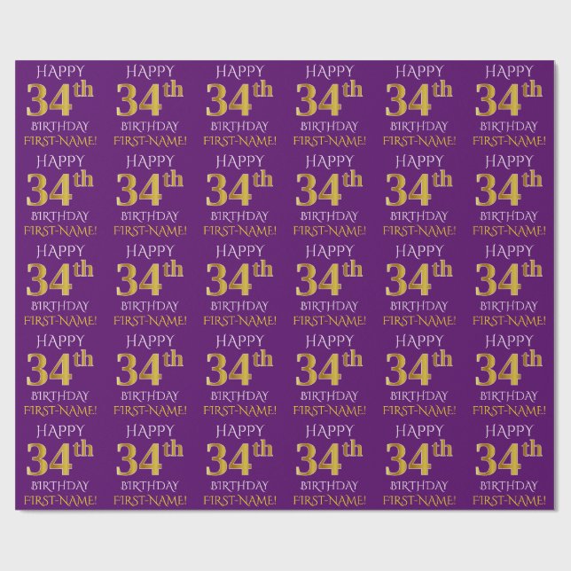 Purple, Faux Gold "HAPPY 34th BIRTHDAY" Wrapping Paper (Flat)