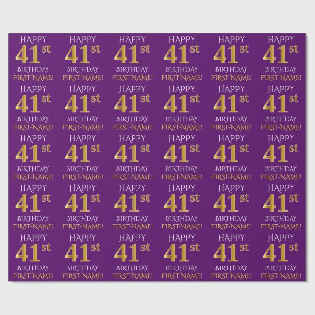 Purple, Faux Gold "HAPPY 41st BIRTHDAY" Wrapping Paper (Flat)