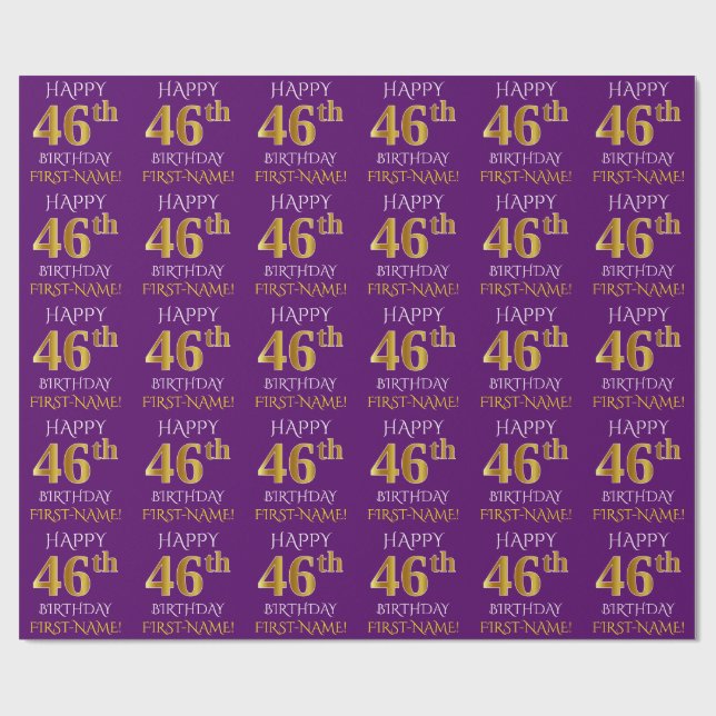 Purple, Faux Gold "HAPPY 46th BIRTHDAY" Wrapping Paper (Flat)