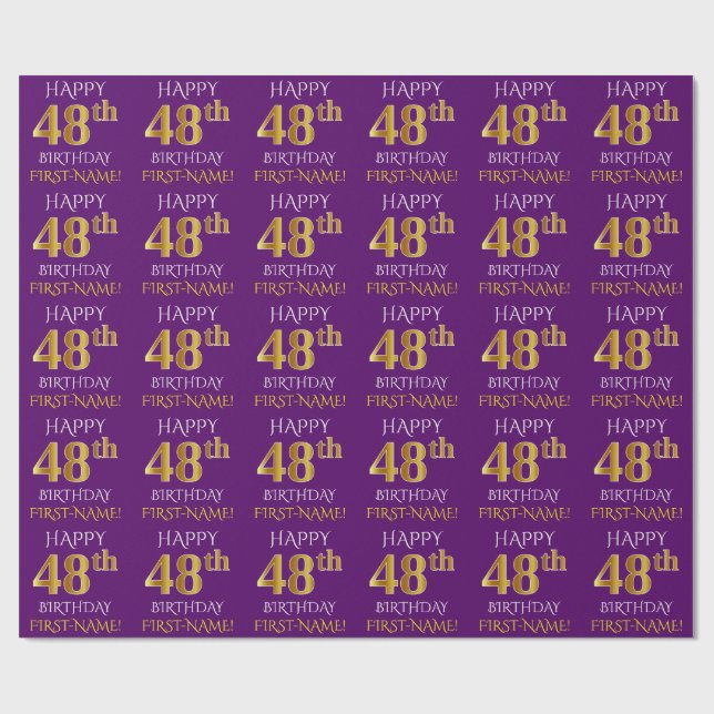 Purple, Faux Gold "HAPPY 48th BIRTHDAY" Wrapping Paper (Flat)