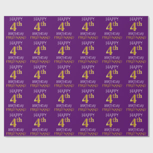 Purple, Faux Gold "HAPPY 4th BIRTHDAY" Wrapping Paper