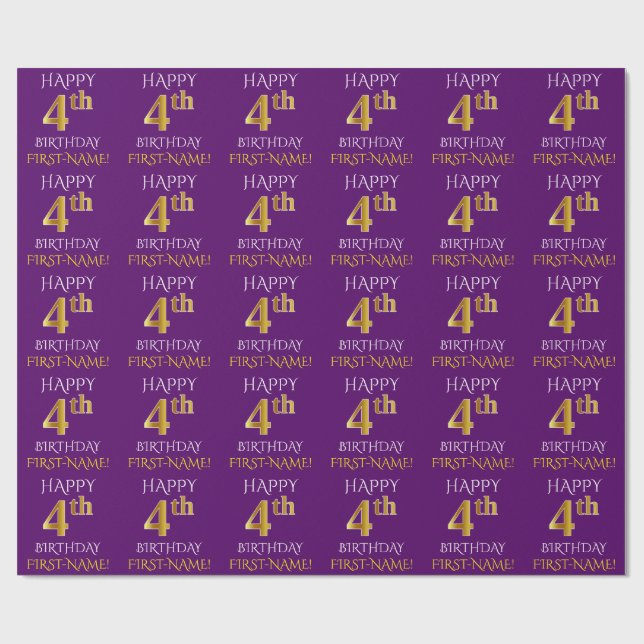 Purple, Faux Gold "HAPPY 4th BIRTHDAY" Wrapping Paper (Flat)