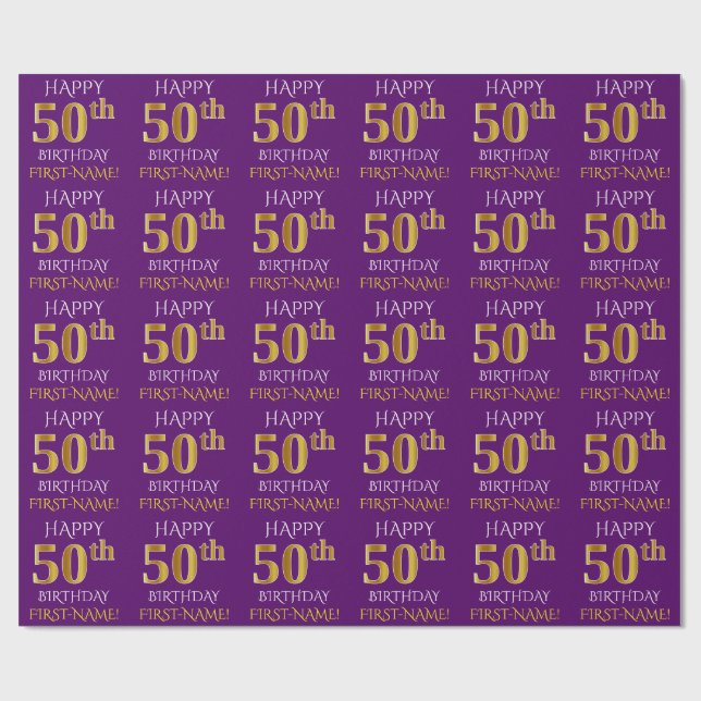 Purple, Faux Gold "HAPPY 50th BIRTHDAY" Wrapping Paper (Flat)