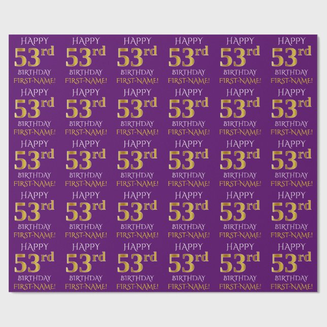 Purple, Faux Gold "HAPPY 53rd BIRTHDAY" Wrapping Paper (Flat)