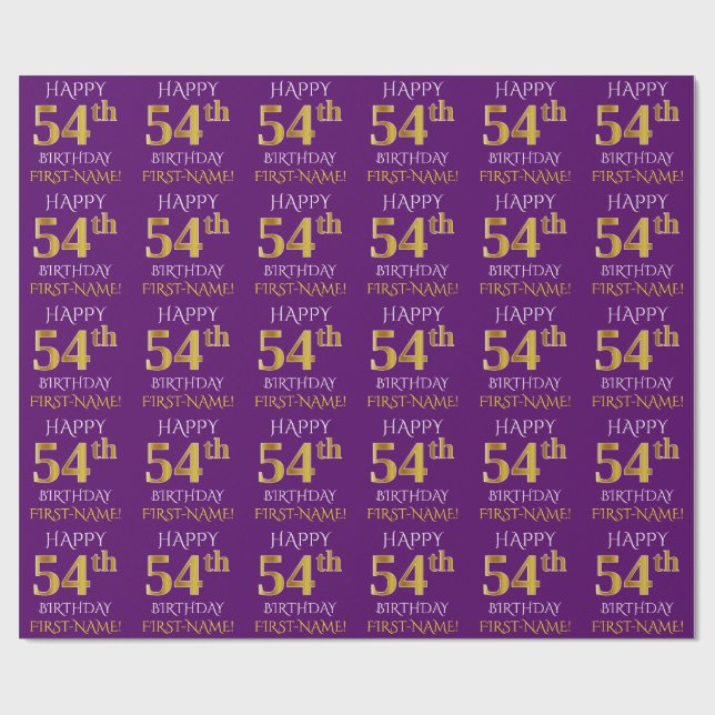 Purple, Faux Gold "HAPPY 54th BIRTHDAY" Wrapping Paper (Flat)