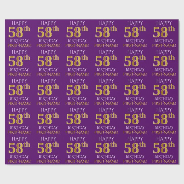Purple, Faux Gold "HAPPY 58th BIRTHDAY" Wrapping Paper (Flat)