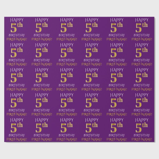 Purple, Faux Gold "HAPPY 5th BIRTHDAY" Wrapping Paper (Flat)