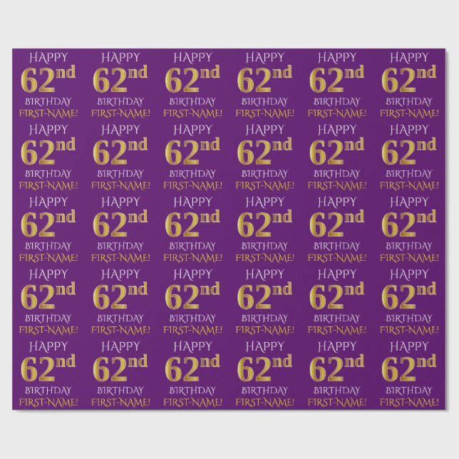 Purple, Faux Gold "HAPPY 62nd BIRTHDAY" Wrapping Paper (Flat)