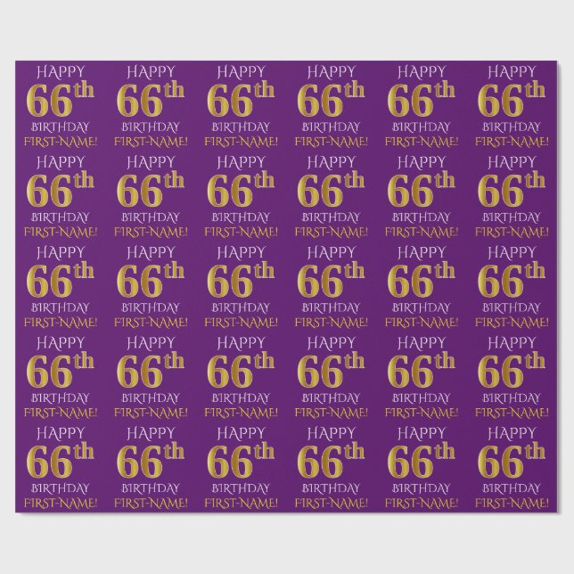 Purple, Faux Gold "HAPPY 66th BIRTHDAY" Wrapping Paper (Flat)