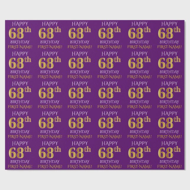 Purple, Faux Gold "HAPPY 68th BIRTHDAY" Wrapping Paper (Flat)