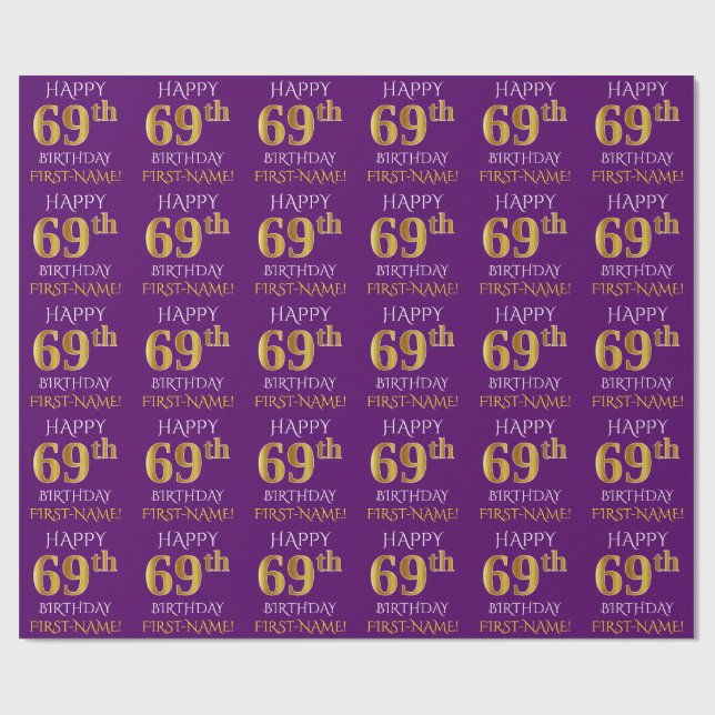 Purple, Faux Gold "HAPPY 69th BIRTHDAY" Wrapping Paper (Flat)
