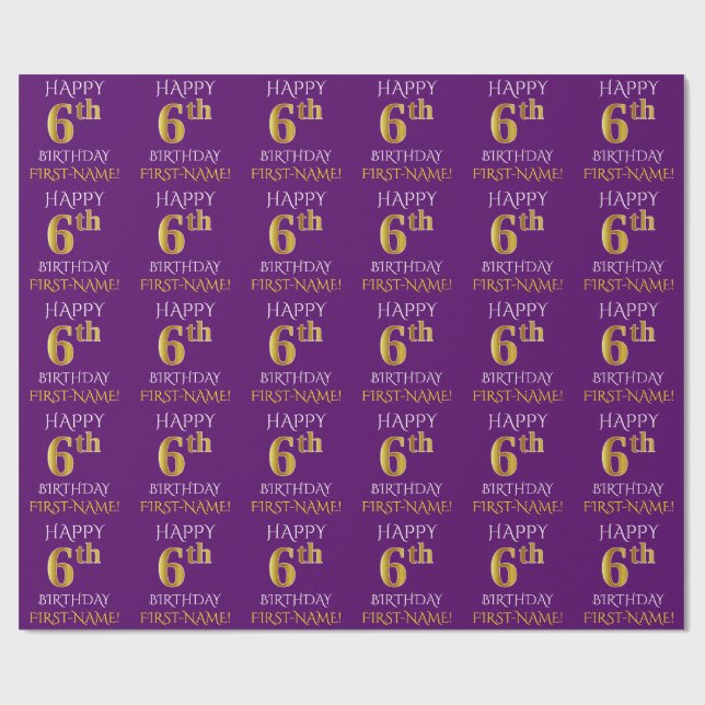 Purple, Faux Gold "HAPPY 6th BIRTHDAY" Wrapping Paper (Flat)