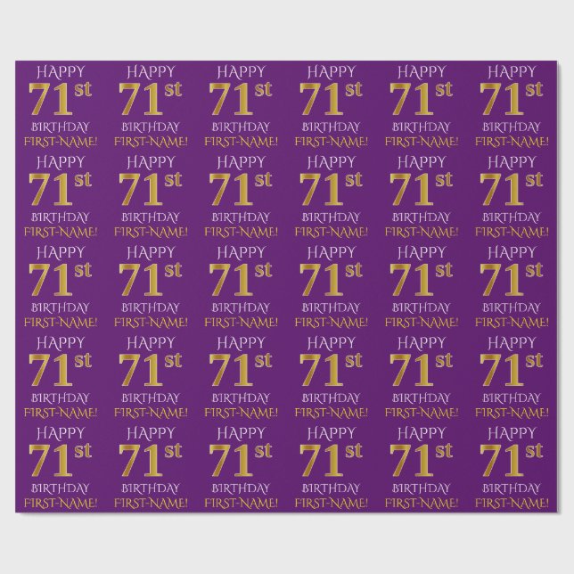 Purple, Faux Gold "HAPPY 71st BIRTHDAY" Wrapping Paper (Flat)