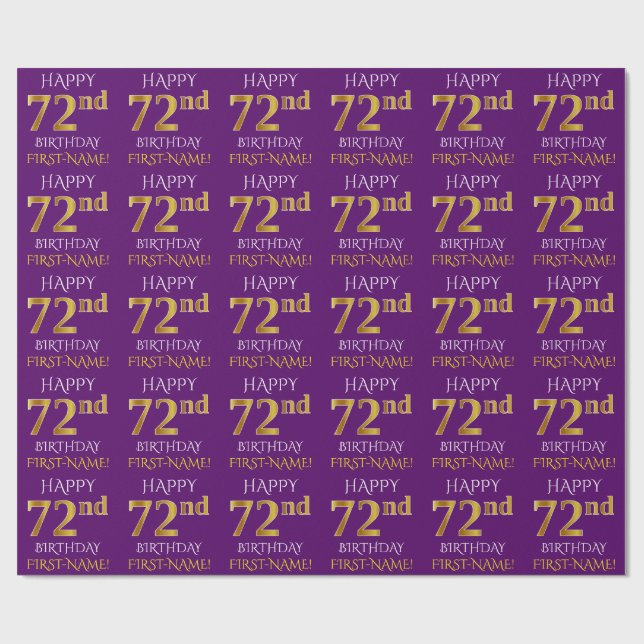 Purple, Faux Gold "HAPPY 72nd BIRTHDAY" Wrapping Paper (Flat)