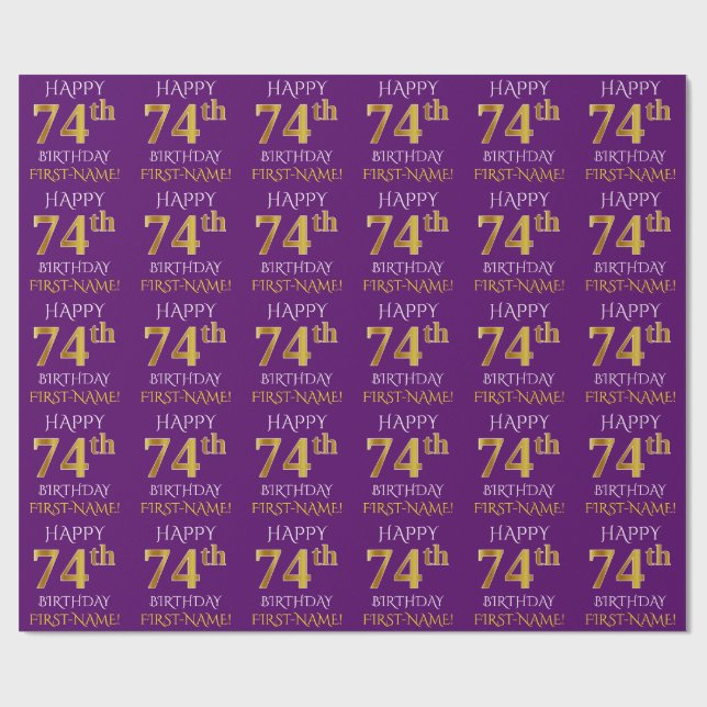 Purple, Faux Gold "HAPPY 74th BIRTHDAY" Wrapping Paper (Flat)