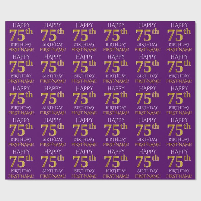Purple, Faux Gold "HAPPY 75th BIRTHDAY" Wrapping Paper (Flat)