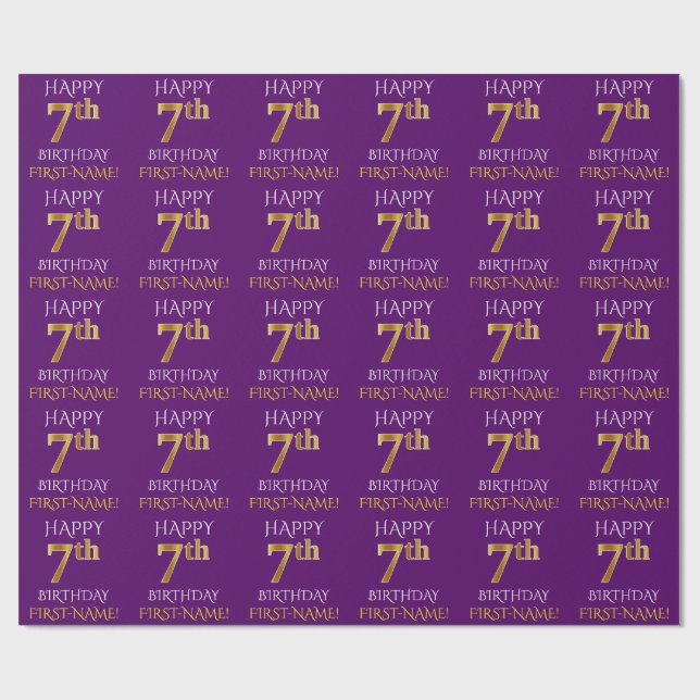 Purple, Faux Gold "HAPPY 7th BIRTHDAY" Wrapping Paper (Flat)