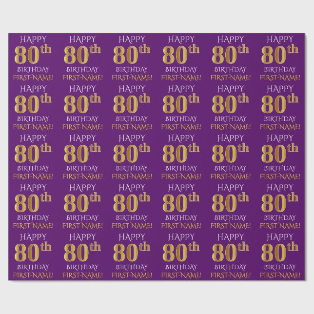 Purple, Faux Gold "HAPPY 80th BIRTHDAY" Wrapping Paper (Flat)