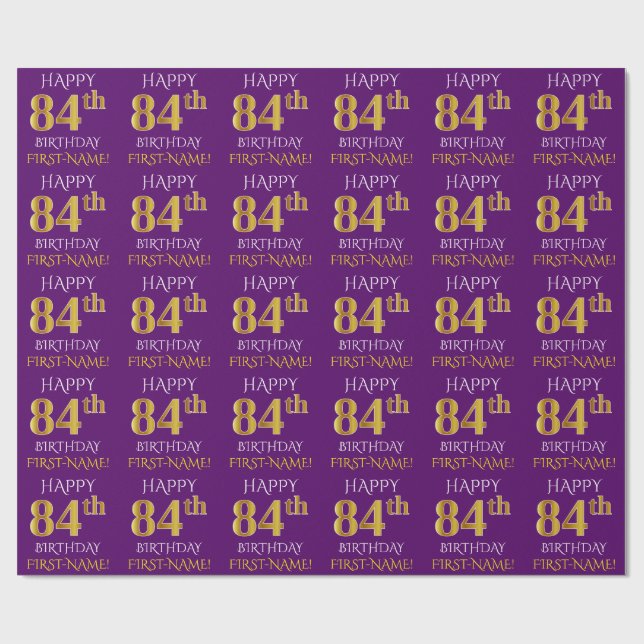 Purple, Faux Gold "HAPPY 84th BIRTHDAY" Wrapping Paper (Flat)