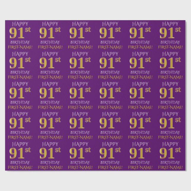 Purple, Faux Gold "HAPPY 91st BIRTHDAY" Wrapping Paper (Flat)