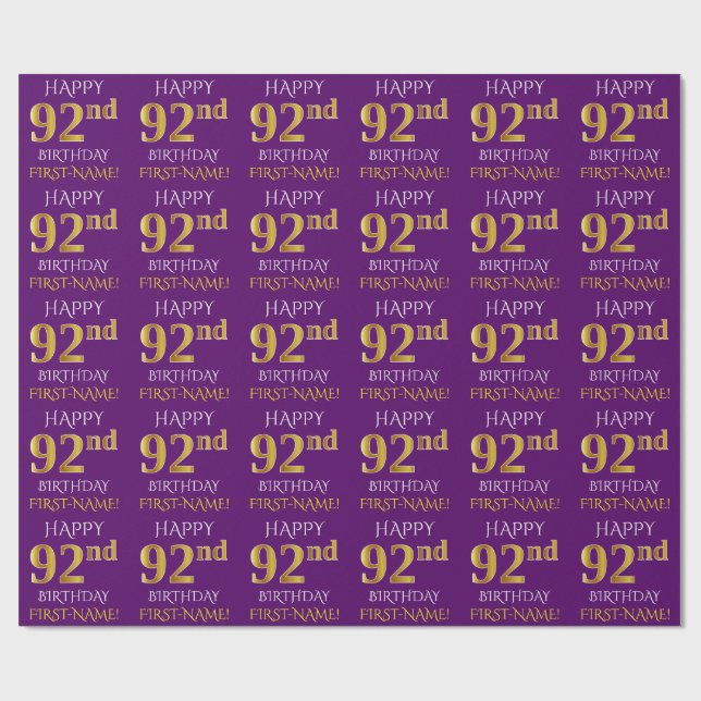 Purple, Faux Gold "HAPPY 92nd BIRTHDAY" Wrapping Paper (Flat)