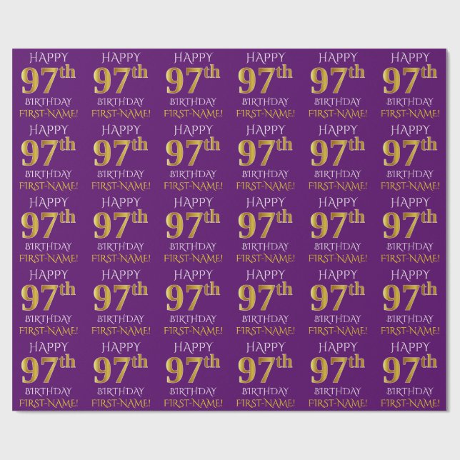 Purple, Faux Gold "HAPPY 97th BIRTHDAY" Wrapping Paper (Flat)