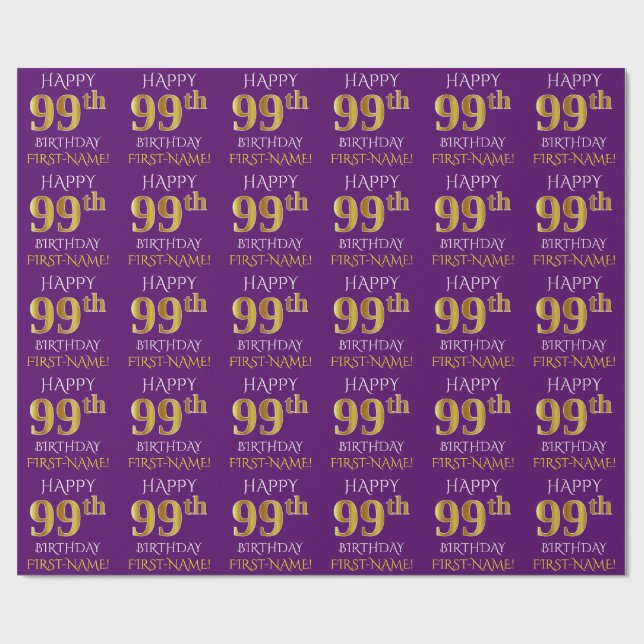 Purple, Faux Gold "HAPPY 99th BIRTHDAY" Wrapping Paper (Flat)