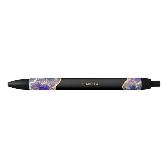 Purple Faux Gold Opal Gemstone Monogram Name Black Ink Pen (Front)