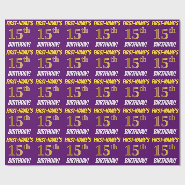 Purple, Faux/Imitation Gold, "15th BIRTHDAY" Wrapping Paper (Flat)