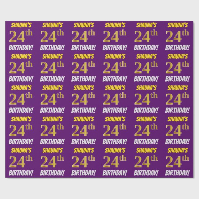 Purple, Faux/Imitation Gold, "24th BIRTHDAY" Wrapping Paper (Flat)