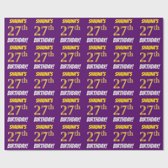 Purple, Faux/Imitation Gold, "27th BIRTHDAY" Wrapping Paper (Flat)