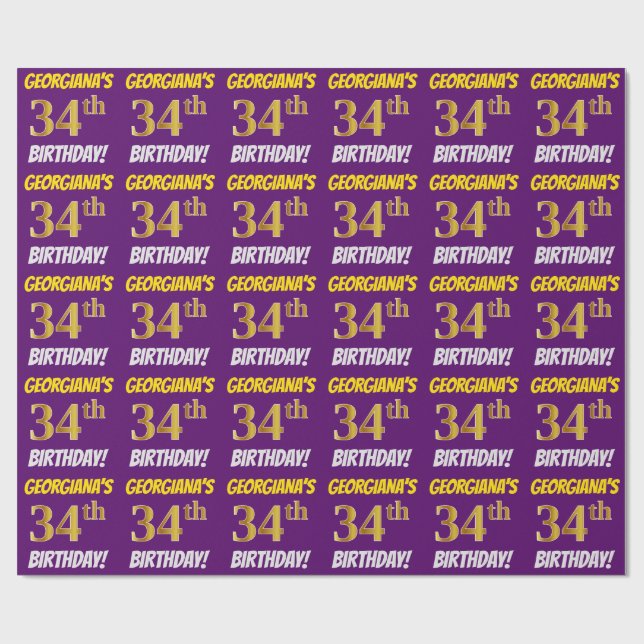 Purple, Faux/Imitation Gold, "34th BIRTHDAY" Wrapping Paper (Flat)