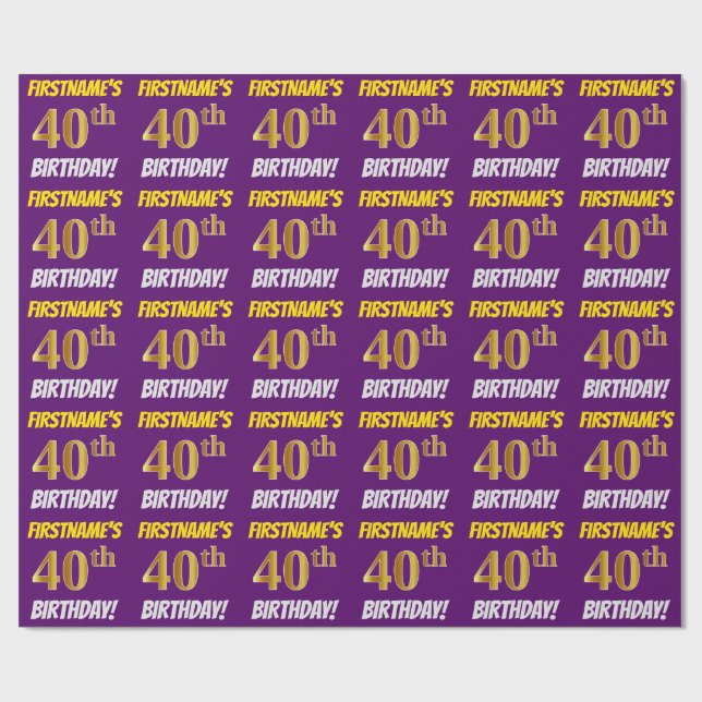 Purple, Faux/Imitation Gold, "40th BIRTHDAY" Wrapping Paper (Flat)