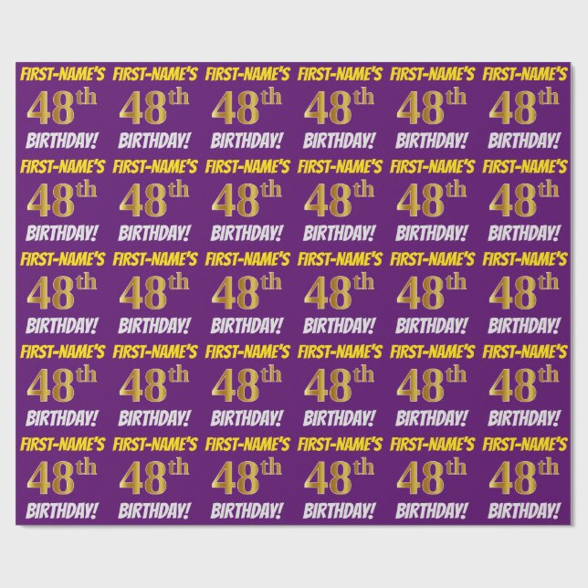 Purple, Faux/Imitation Gold, "48th BIRTHDAY" Wrapping Paper (Flat)