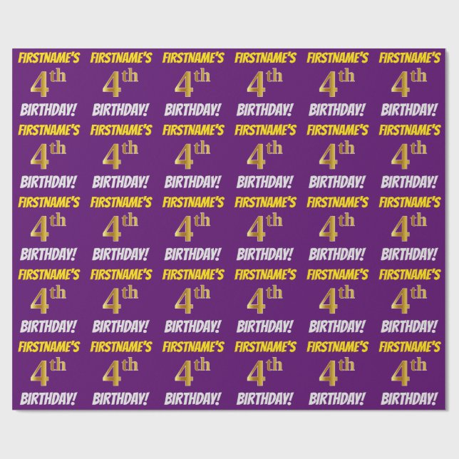 Purple, Faux/Imitation Gold, "4th BIRTHDAY" Wrapping Paper (Flat)