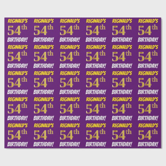 Purple, Faux/Imitation Gold, "54th BIRTHDAY" Wrapping Paper (Flat)