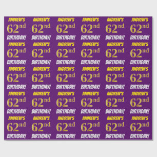 Purple, Faux/Imitation Gold, "62nd BIRTHDAY" Wrapping Paper