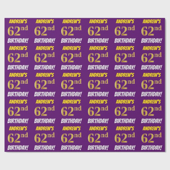 Purple, Faux/Imitation Gold, "62nd BIRTHDAY" Wrapping Paper (Flat)