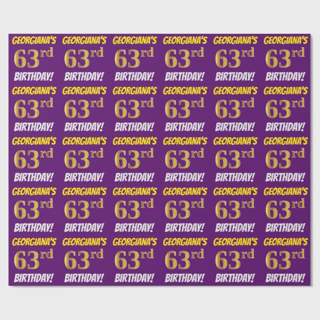 Purple, Faux/Imitation Gold, "63rd BIRTHDAY" Wrapping Paper (Flat)