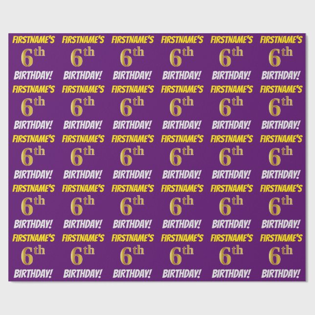 Purple, Faux/Imitation Gold, "6th BIRTHDAY" Wrapping Paper (Flat)