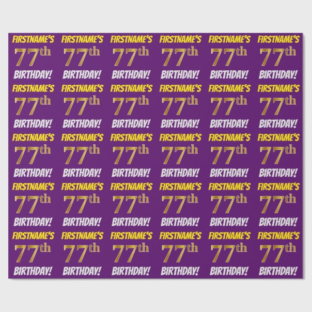 Purple, Faux/Imitation Gold, "77th BIRTHDAY" Wrapping Paper (Flat)