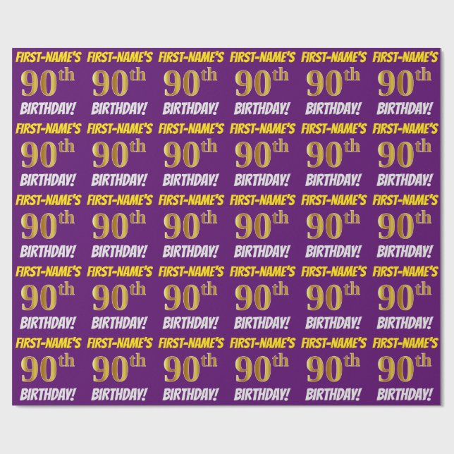 Purple, Faux/Imitation Gold, "90th BIRTHDAY" Wrapping Paper (Flat)