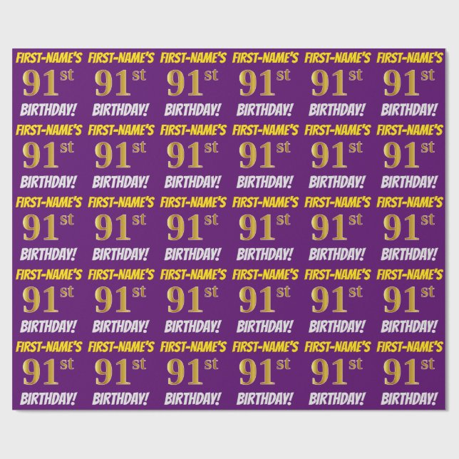 Purple, Faux/Imitation Gold, "91st BIRTHDAY" Wrapping Paper (Flat)