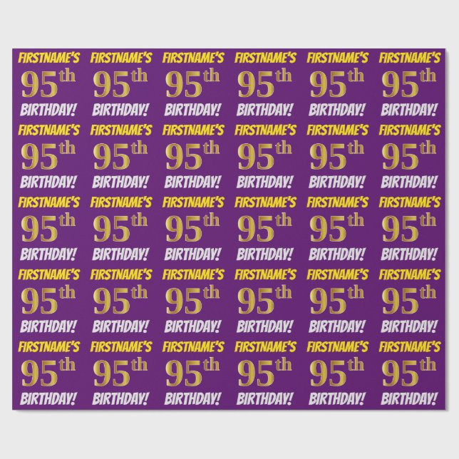 Purple, Faux/Imitation Gold, "95th BIRTHDAY" Wrapping Paper (Flat)