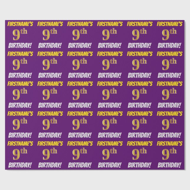 Purple, Faux/Imitation Gold, "9th BIRTHDAY" Wrapping Paper (Flat)