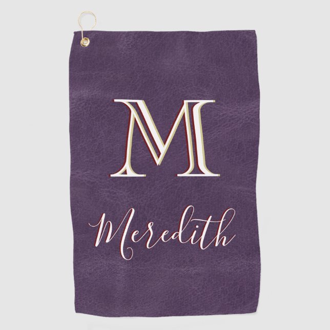 Purple Faux Leather Unique 3 Colour Monogram Name  Golf Towel (Front)