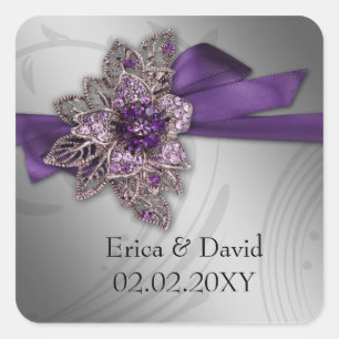 Purple FAUX ribbon vintage brooch Wedding Square Sticker